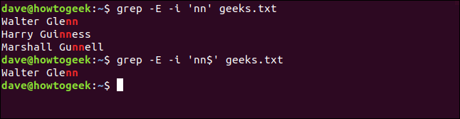 Os comandos "grep -E -i 'nn' geeks.txt" e "grep -E -i 'nn $' geeks.txt" em uma janela de terminal.