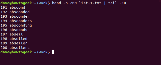 head -n 200 list-1.txt |  cauda -10 em uma janela de terminal