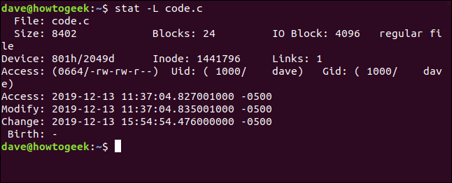 stat -L code.c em uma janela de terminal