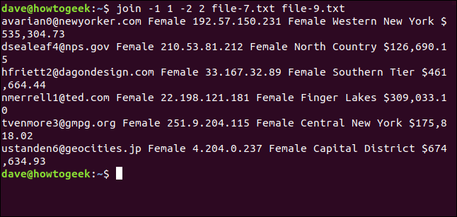 O "join -1 1 -2 2 file-7.txt file-9.txt" em uma janela de terminal.
