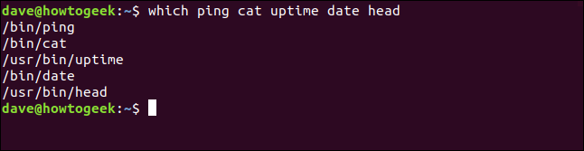 O comando "which ping cat uptime date head" em uma janela de terminal.