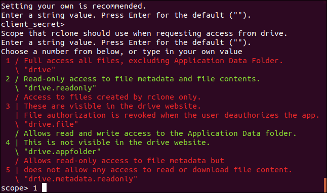 fornecendo o escopo para rclone em uma janela de terminal