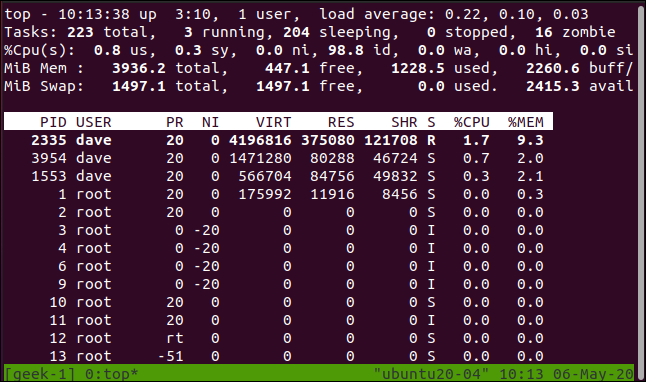 Uma sessão tmux restaurada em uma janela de terminal.