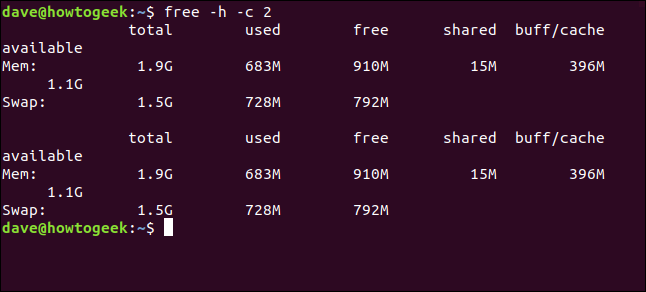 free -h -c 2 em uma janela de terminal