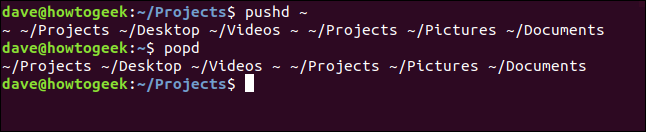 Os comandos "pushd ~" e "popd" em uma janela de terminal.
