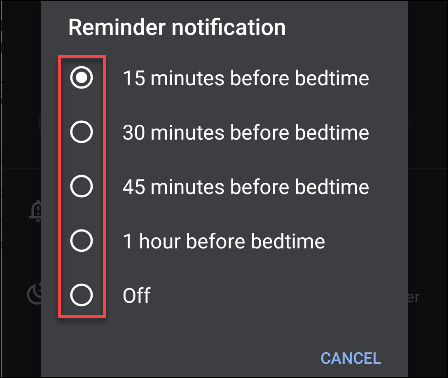 Selecione um horário no menu "Notificação de lembrete".