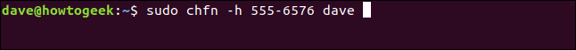 sudo chfn -h 555-6576 dave em uma janela de terminal