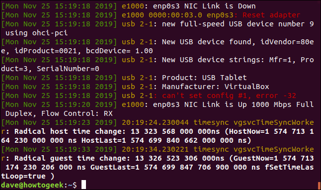 saída de sudo dmesg -T em uma janela de terminal