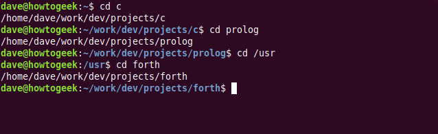 Os comandos "cd c," "cd prolog", "cd / usr" e "cdfain" em uma janela de terminal.