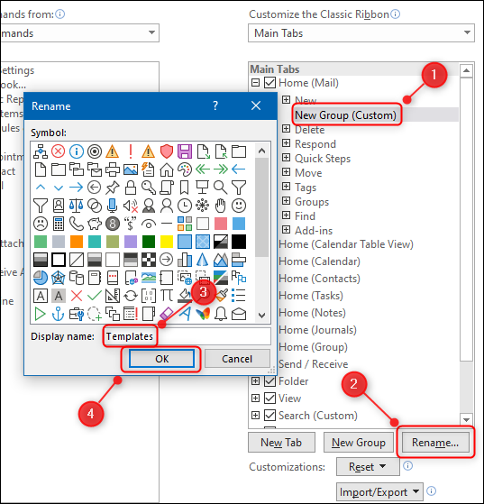 Clique em "Novo grupo (personalizado)", clique em "Renomear", digite um nome e clique em "OK".