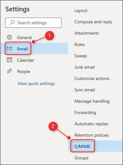 Menu de configurações do Outlook, com a opção "S / MIME" destacada.