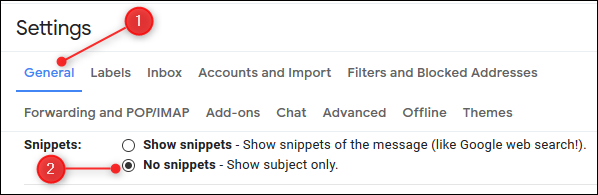 Clique ou toque em "Geral" e selecione "Sem snippets" na seção "Snippets".