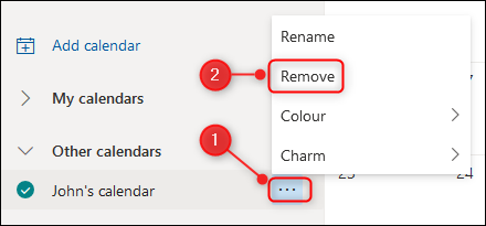 Opção "Remover" do calendário do Outlook Online.