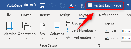 O comando "Reiniciar cada página" na barra de ferramentas.