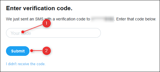 A caixa de texto para inserir o código que o Twitter enviou a você por SMS e o botão Enviar.