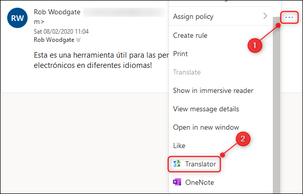 O menu pop-up com a opção "Tradutor" destacada.