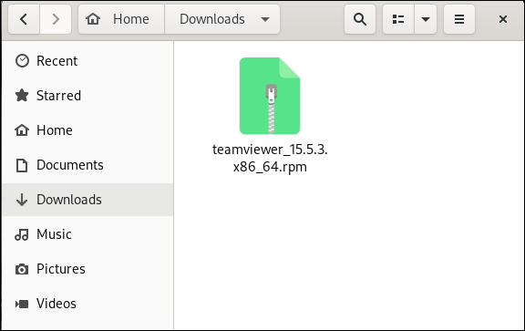 O arquivo do pacote RPM do TeamViewer em uma pasta "Downloads".