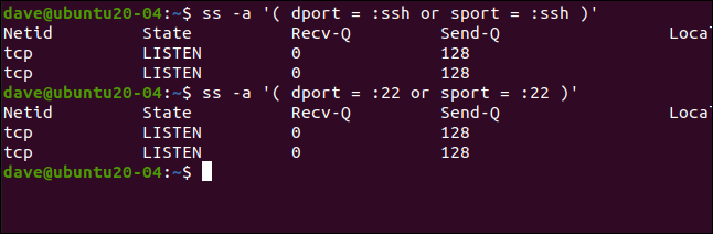 ss -a '(dport =: ssh ou sport =: ssh)' em uma janela de terminal.