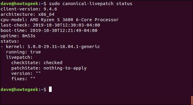 sudo canonical-livepatch status em uma janela de terminal