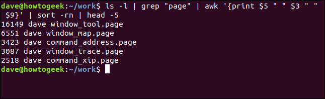 Os cinco maiores arquivos .page listados em ordem reversa de tamanho em uma janela de terminal