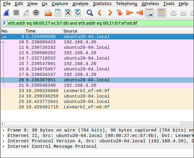 "Conversa" de ping isolada na interface do Wireshark.