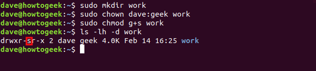 Os comandos "sudo mkdir work", "sudo chown dave: geek work", "sudo chmod g + s work" e "ls -lh -d work" em uma janela de terminal.