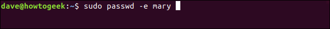 O comando "sudo passwd -e mary" em uma janela de terminal.