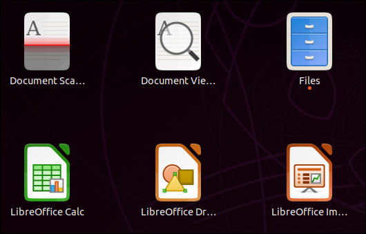 Ícones separados para aplicativos LibreOffice na visão geral do aplicativo