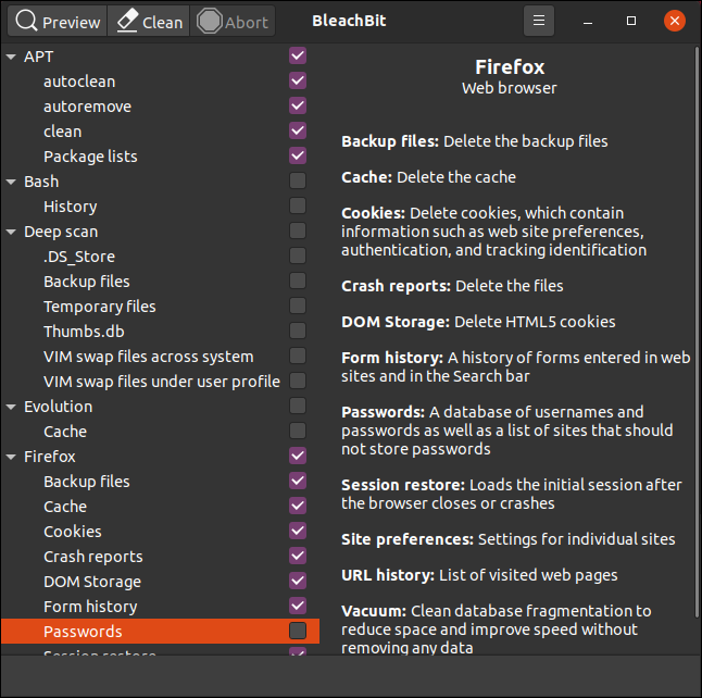 A categoria "Senhas" destacada em "Firefox" à esquerda e as opções à direita.