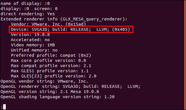 A linha Device destacada na saída de "glxinfo -B | less" em uma janela de terminal.