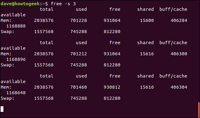 free -s 3 em uma janela de terminal