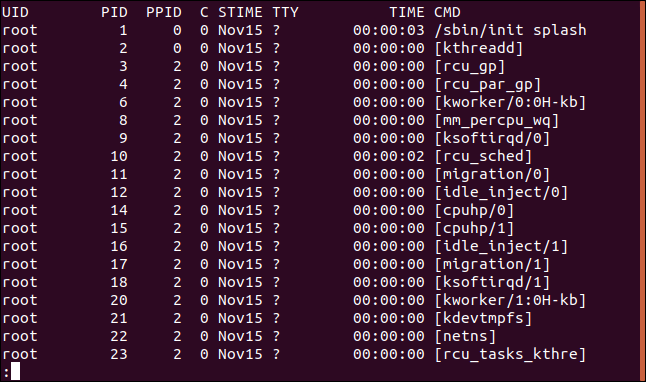 saída de ps -ef |  menos em uma janela de terminal