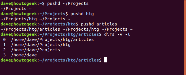Os comandos "pushd ~ / Projects," "pushd htg," "pushd articles" e "dirs -v -l" em uma janela de terminal.
