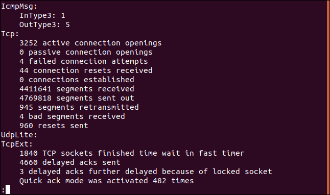 Saída de netstat -st |  menos em uma janela de terminal