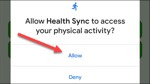Toque em "Permitir" para dar acesso ao Health Sync.