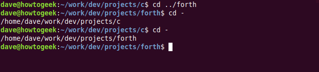 Os comandos "cd ../forth," "cd -," e "cd -" em uma janela de terminal.