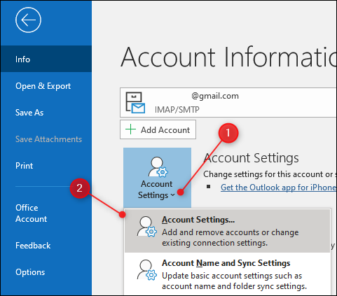 Opção "Configurações da conta" do Outlook