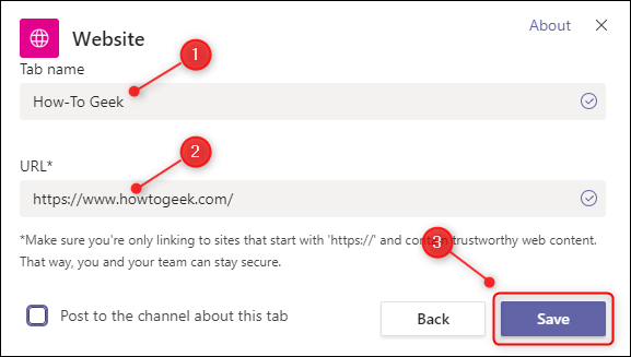 Digite um nome para a guia e seu URL e clique em “Salvar”.