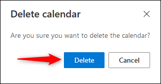 Confirmação de exclusão do calendário do Outlook Online.