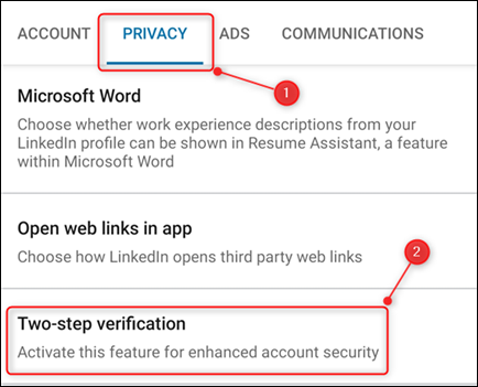 A guia Privacidade, com a opção "Verificação em duas etapas" destacada.