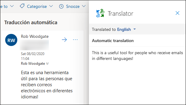 A tradução mostrada lado a lado com a correspondência original.