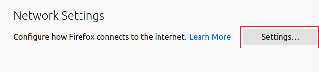 Clique em "Configurações" na seção "Configurações de rede" no Firefox.