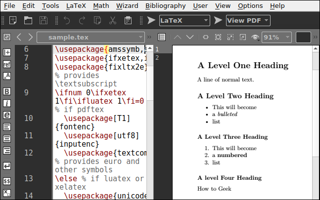 Um arquivo LaTeX aberto no Texmaker, mostrando uma prévia da página de composição.