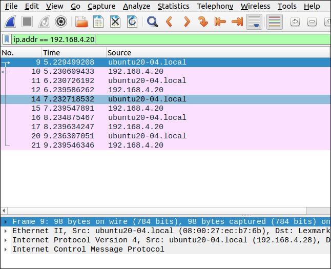 Wireshark com um filtro de ip.addr == 192.168.4.20.