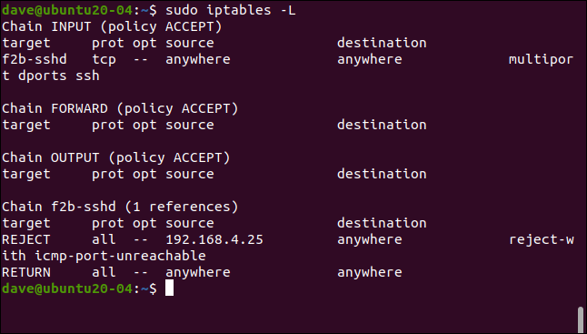 sudo iptables -L em uma janela de terminal.