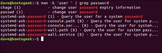 O comando "man -k 'user' | grep password" em uma janela de terminal.