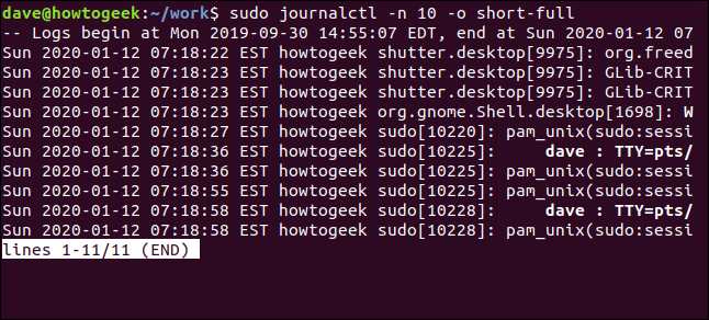 sudo journalctl -n 10 -o short-full em uma janela de terminal