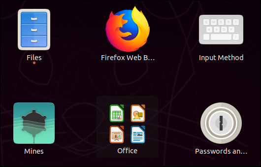 Ícones do LibreOffice agrupados na visão geral do aplicativo