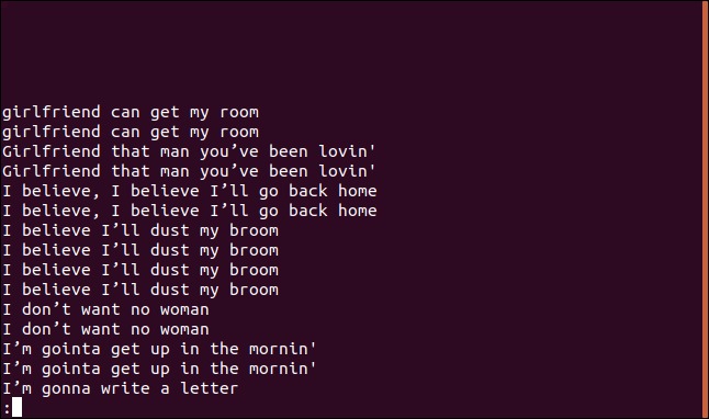 Saída de uniq -D Sort.txt |  menos em menos em uma janela de terminal