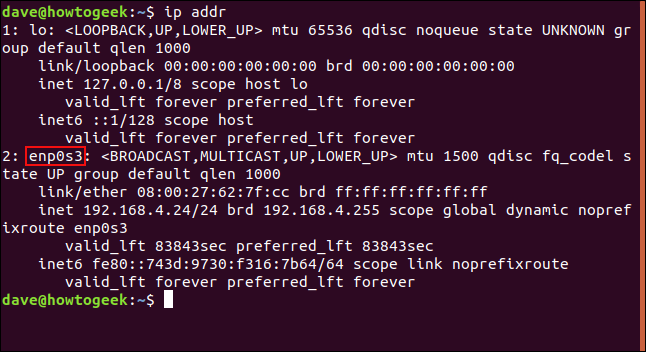 O comando "ip addr" em uma janela de terminal.